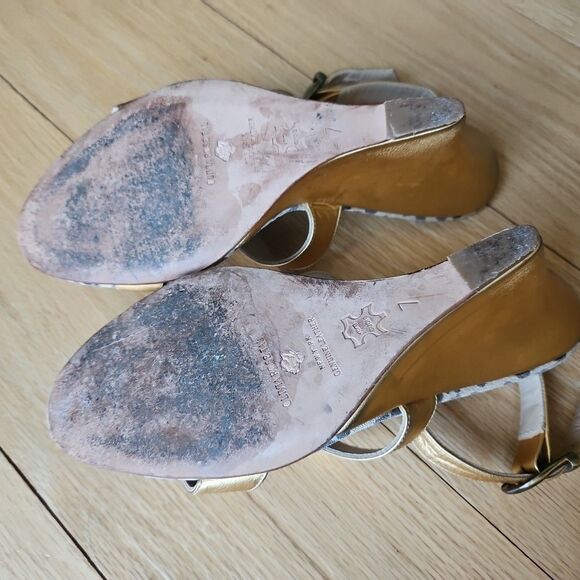 Olivia Rose Tal New York Women Size 7 Gold With Cheetah Footbed Wedge Sandals - Picture 7 of 8